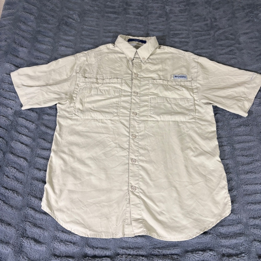 Columbia PFG Tamiami Short Sleeve Fishing Shirt Beige Khaki FM7266 Mens L